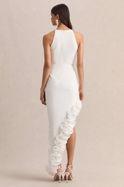 Indira | White Halter-Neck Maxi Dress With Asymmetric-Floral Hem