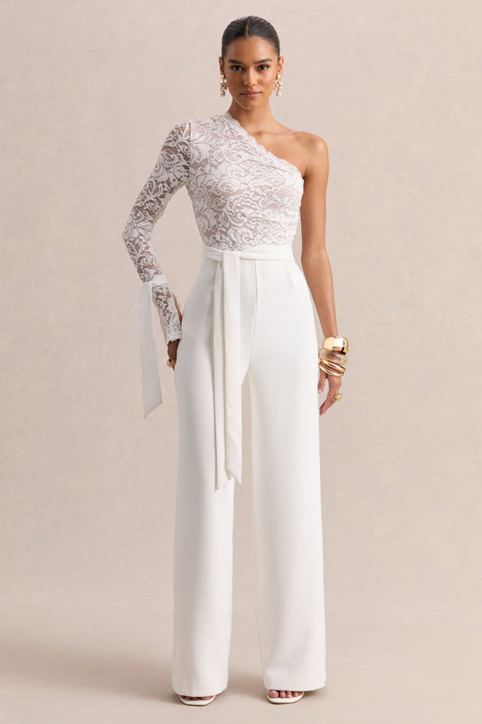 Clarence | White Lace Asymmetric-Neck Jumpsuit With Bow-Details