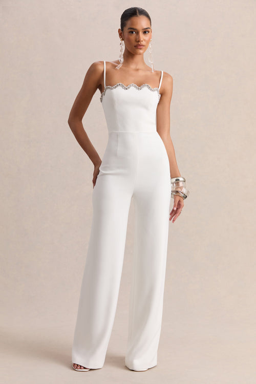 Calira | White Scalloped Square-Neck Jumpsuit