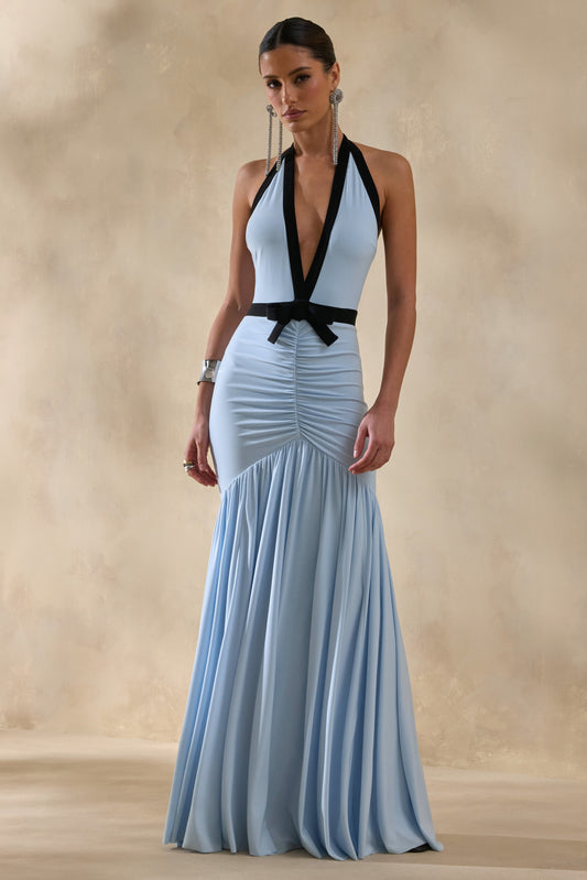 Cosmina | Powder Blue Plunge-Neck Maxi Dress With Bow-Detail