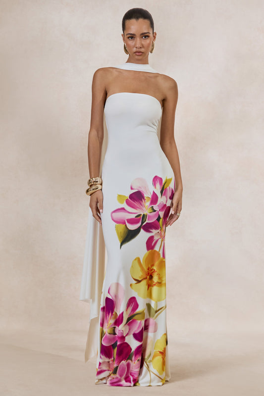 Brooke | Hot Pink And Lemon Floral Print Bandeau Neck Maxi Dress With Scarf