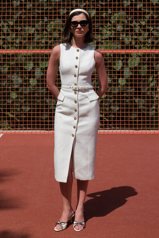 Clea | Cream Crew-Neck Belted Midi Dress With Front-Pockets