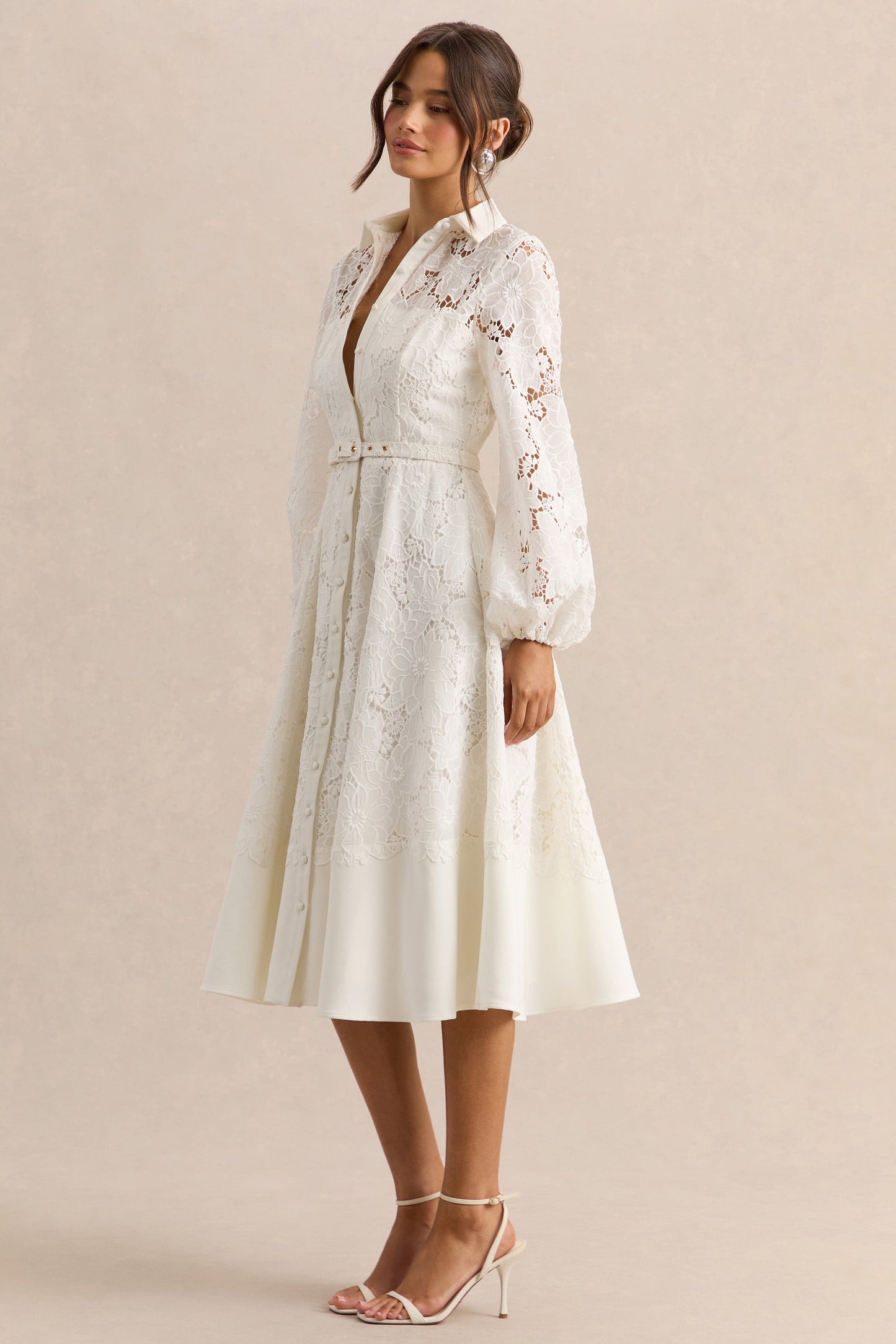 Jules | Cream Broderie High-Neck Tailored Midi Dress With Puff-Sleeves