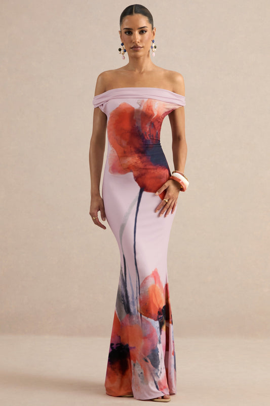 Katia | Pink Poppy Print Bardot-Neck Maxi Dress
