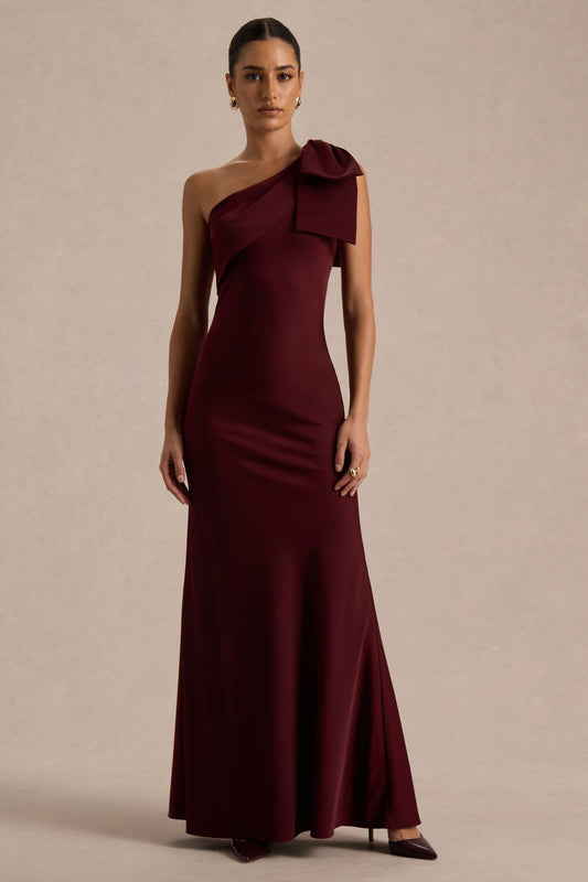 Josephine | Burgundy Matte Satin Asymmetric-Neck Maxi Dress With Bow Detail