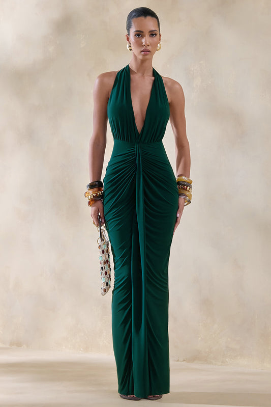 Lesley | Bottle Green Plunge-Neck Maxi Dress