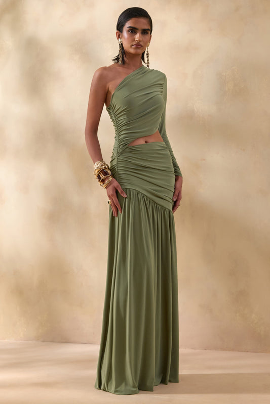 Kinsley | Olive Asymmetric-Neck Maxi Dress With Body Cut-Out Detail