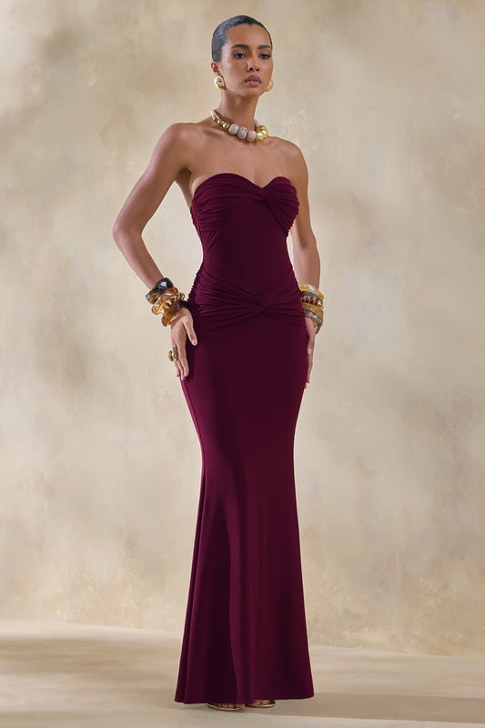 Elodia | Burgundy Bandeau Maxi Dress With Gathered-Detailing