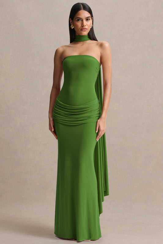Graciella | Green Bandeau Maxi Dress With Draped Detailing And Scarf