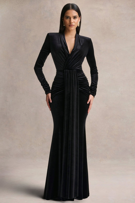 Halima | Black Velvet Plunge-Neck Maxi Dress With Gathered Detailing