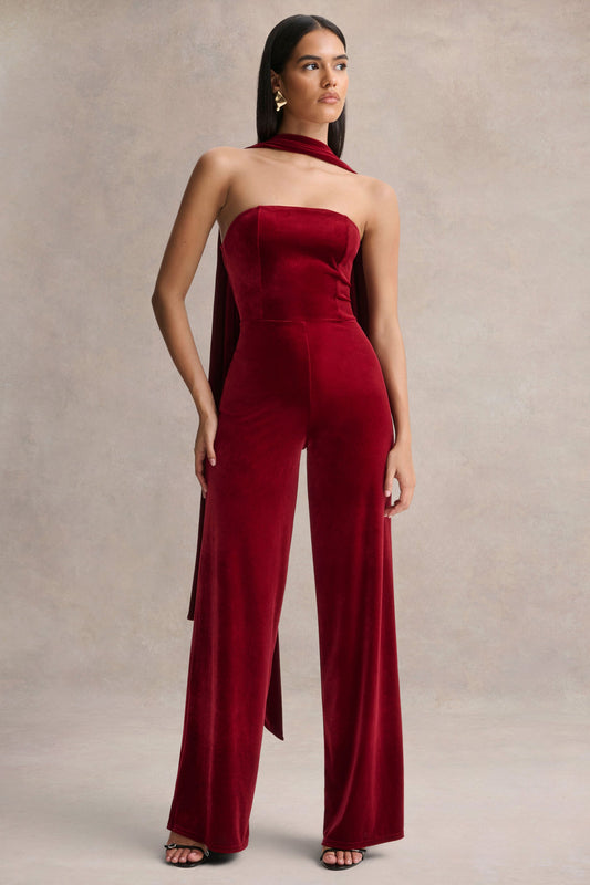 Arcane | Burgundy Velvet Bandeau Jumpsuit With Scarf