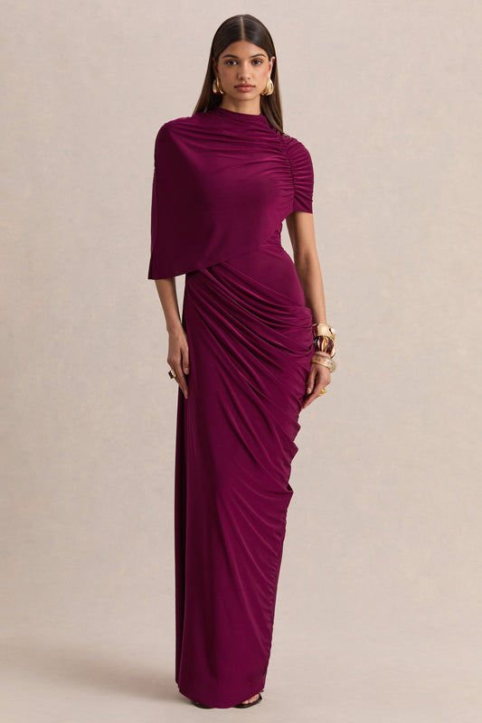 Lunaline | Burgundy High-Neck Maxi Dress With Asymmetric Cape And Draped-Detailing