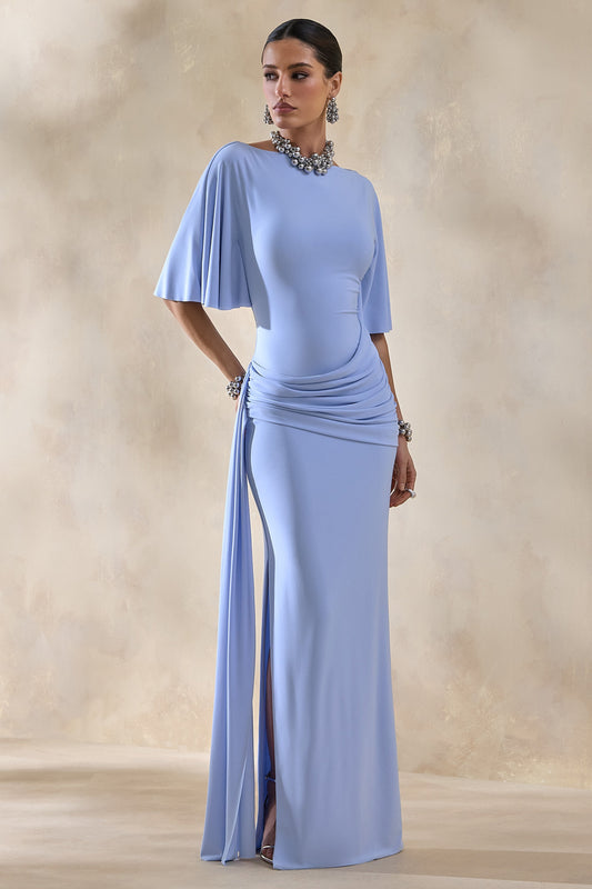 Emerelle | Powder Blue Wide-Neck Maxi Dress With Sash And Draped-Detailing