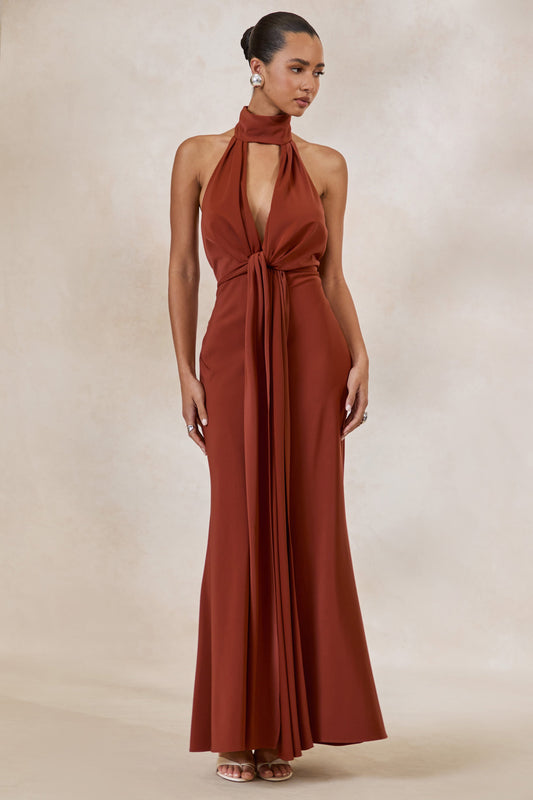 Canella | Rust Satin Halter-Neck Maxi Dress With Sash-Detail