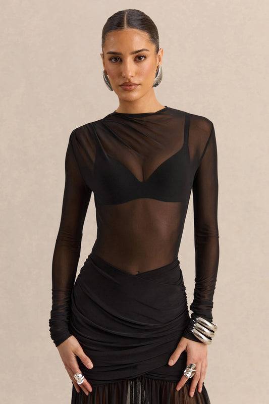Garina | Black Mesh High-Neck Thong Bodysuit With Long-Sleeves