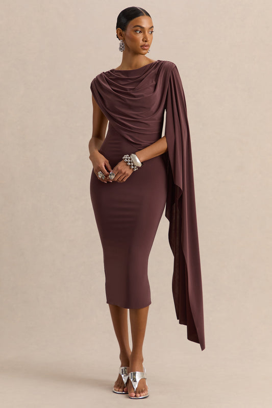 Kamoria | Brown Round-Neck Midi Dress With Cape-Sleeve