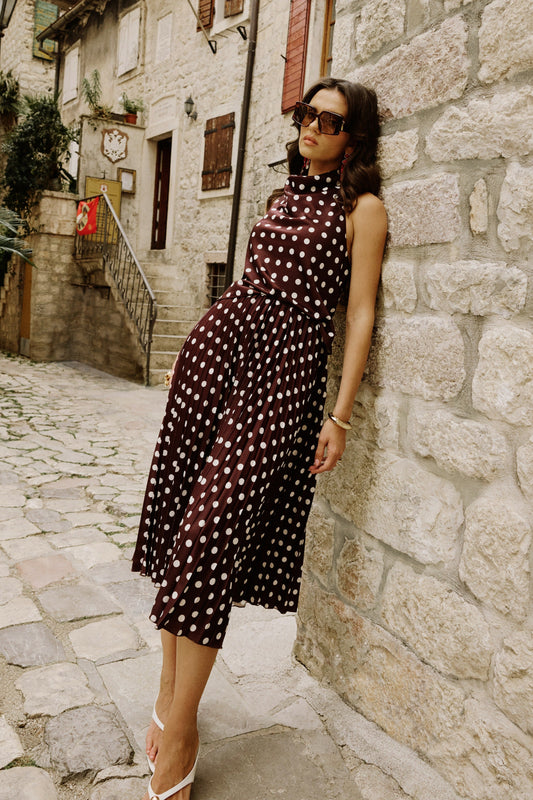 Kiora | Brown Polka-Dot Satin Midi Skirt