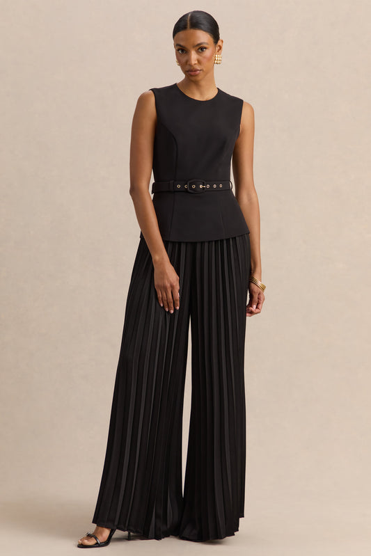 Lerenza | Black Satin Wide-Leg Pleated Trousers
