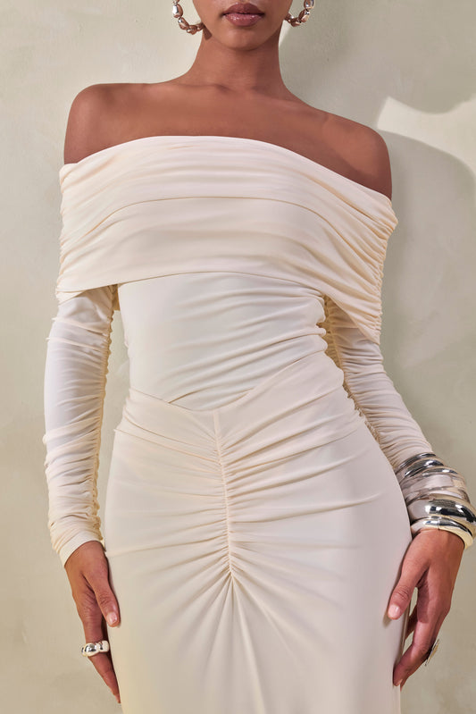 Drina | Cream Bardot Neck Thong Bodysuit With Ruched Long Sleeves