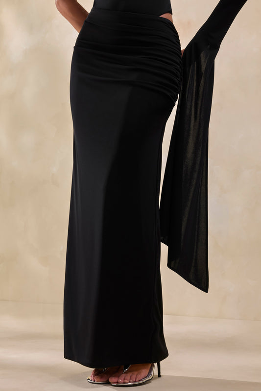 Adessa | Black Asymmetric Waist Ruched Maxi Skirt