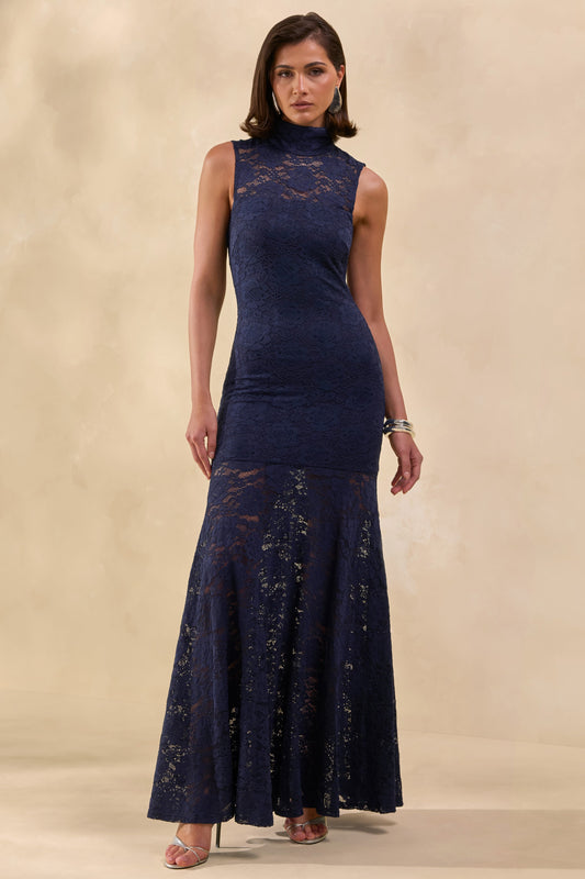 Esalyn | Navy Lace High-Neck Maxi Dress With Sheer-Skirt