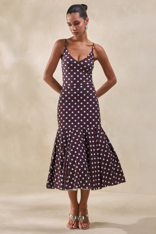 Masie | Brown Polka-Dot Midi Skirt With Drop-Waist