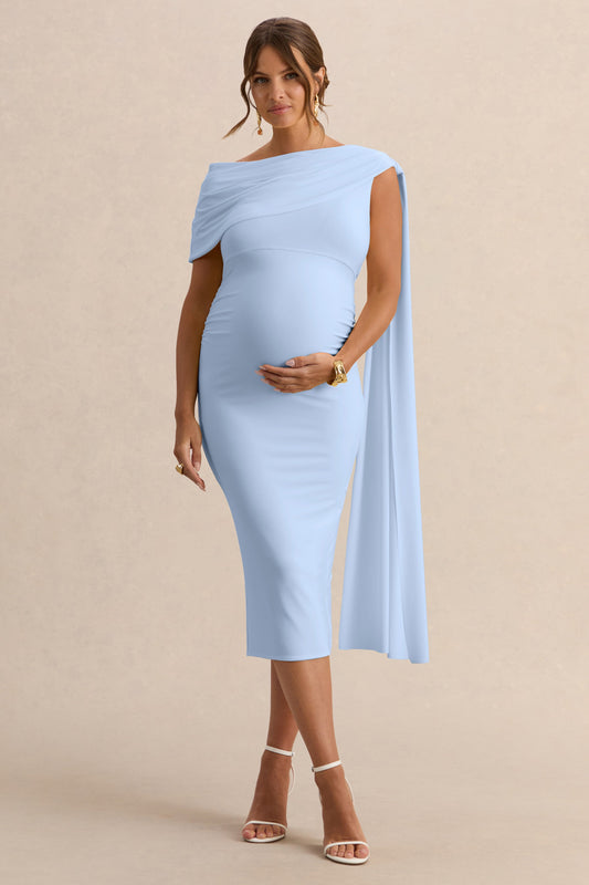 Braelyn | Powder Blue Asymmetric-Neck Maternity Midi Dress With Gathered Detailing And Sash
