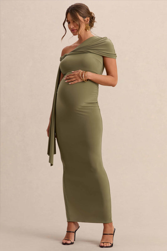 Isela | Khaki Asymmetric-Neck Maternity Maxi Dress With Sash Detail