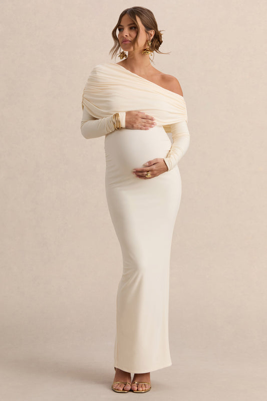 Carleigh | Cream Asymmetric-Neck Maternity Maxi Dress With Draped Detailing