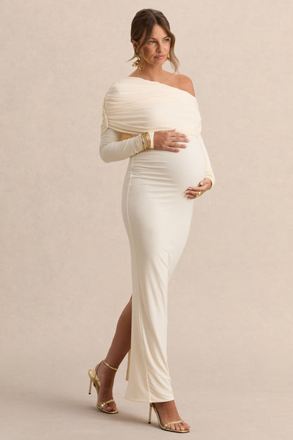 Carleigh | Cream Asymmetric-Neck Maternity Maxi Dress With Draped Detailing