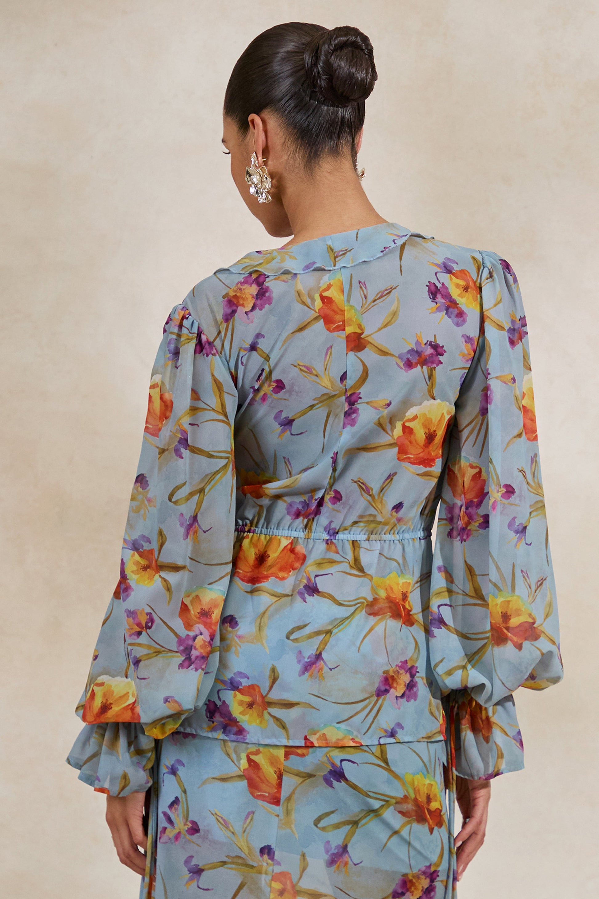 Alveta | Blue Floral Chiffon Sheer V-Neck Top With Ruffled Detailing