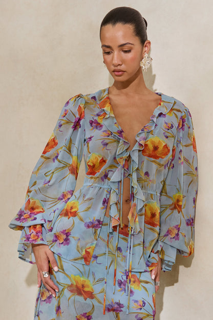 Alveta | Blue Floral Chiffon Sheer V-Neck Top With Ruffled Detailing