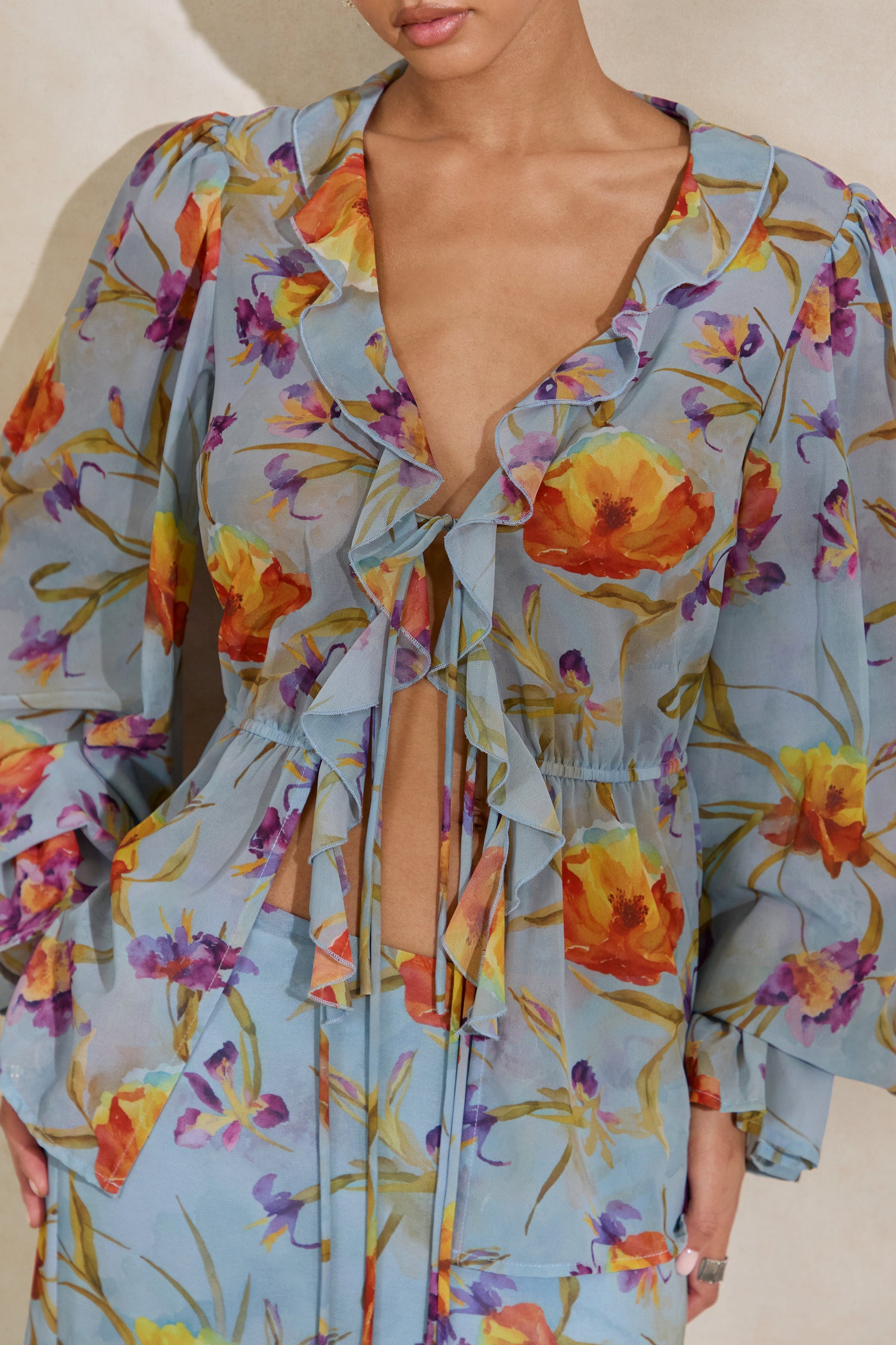 Alveta | Blue Floral Chiffon Sheer V-Neck Top With Ruffled Detailing