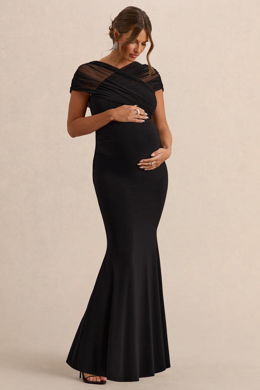 Elin | Black Bardot-Neck Maternity Maxi Dress