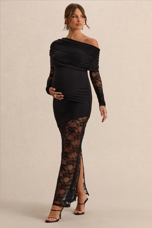 Giuliana | Black Asymmetric-Neck Maternity Maxi Dress With Lace Detailing