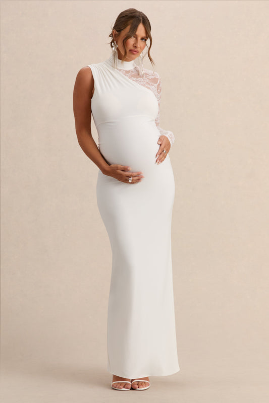 Hartley | White High-Neck Maternity Maxi Dress With Lace Detailing