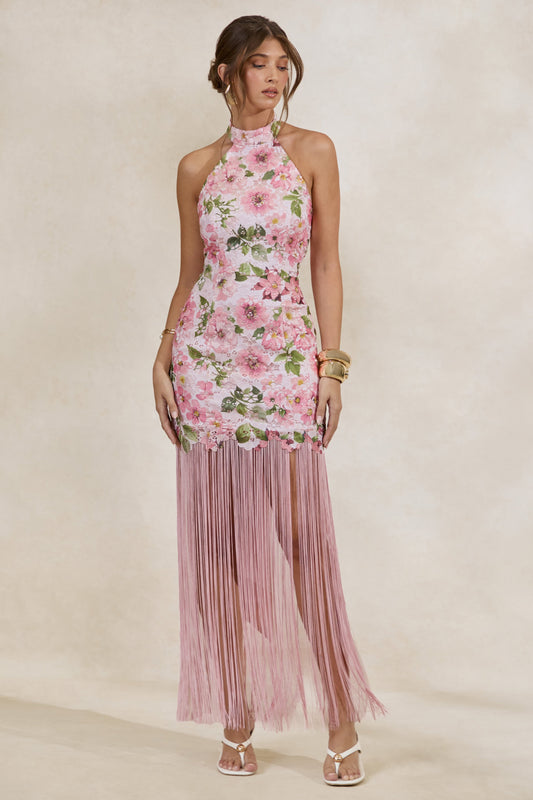 Lerisa | Pink Floral Print Lace Halter-Neck Fringed Maxi Dress