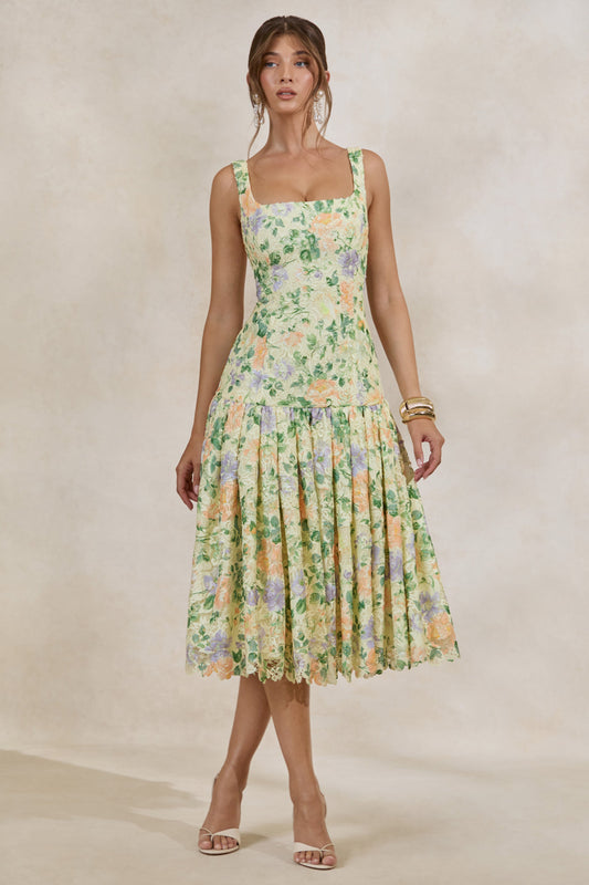 Lumara | Lemon Floral Print Lace Square-Neck Midi Dress With Drop Waist