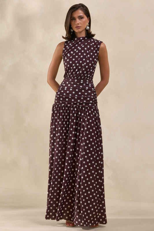 Kelis | Brown Polka-Dot High-Neck Maxi Dress With Draped Detailing