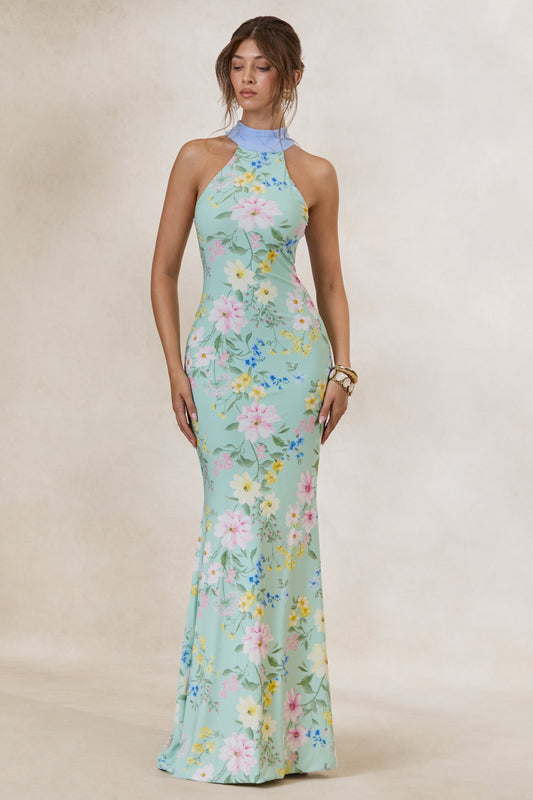 Inarah | Mint Floral Print High-Neck Maxi Dress With Scarf Detail