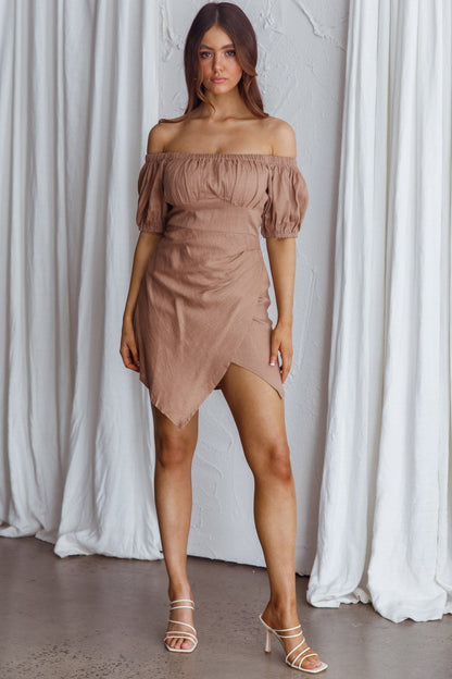 Dayanara Off-Shoulder Puff Sleeve Dress Mocha