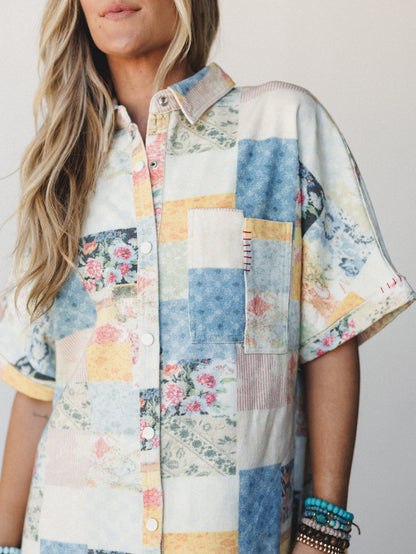 Floral Vines Patchwork Denim Dress - Patchwork Denim
