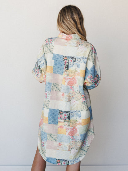 Floral Vines Patchwork Denim Dress - Patchwork Denim
