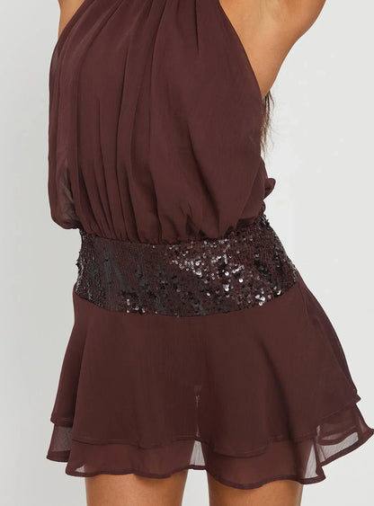 Zenayda Drop Waist Sequin Mini Dress Brown