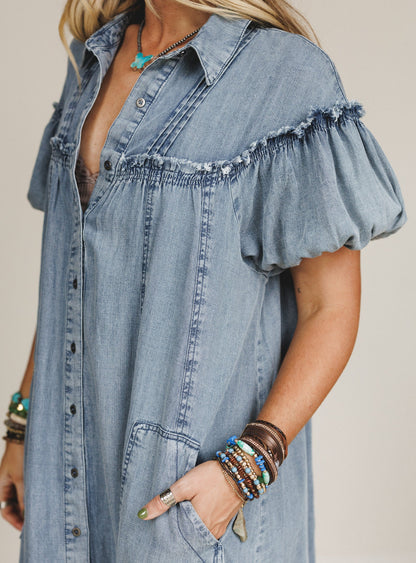 Western Muse Puff Sleeve Maxi Dress - Denim - Pre Order