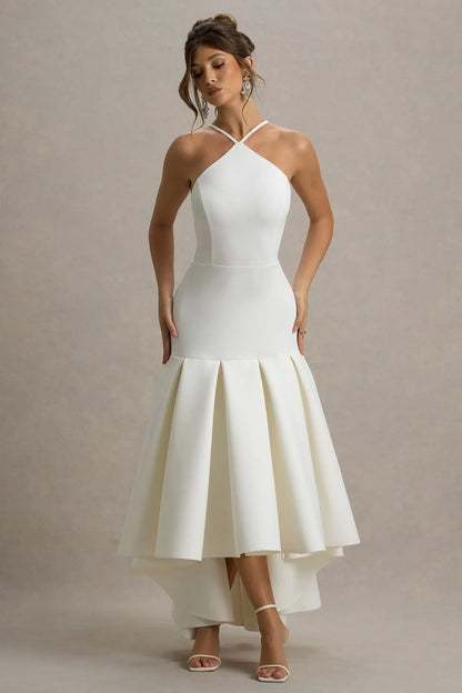 Mavis | Cream Halter-Neck Maxi Dress With High-Low Skirt