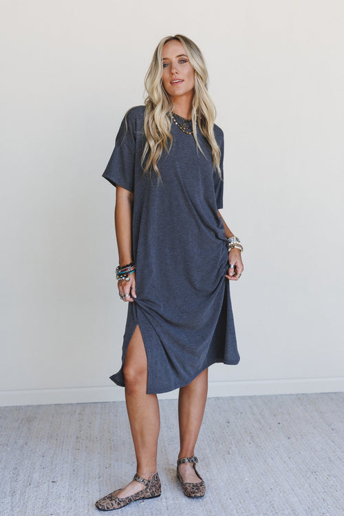 Hushed Glow Slit Midi Dress - Charcoal - Pre Order