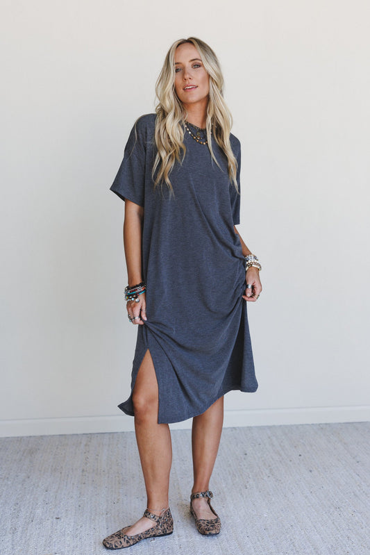 Hushed Glow Slit Midi Dress - Charcoal - Pre Order