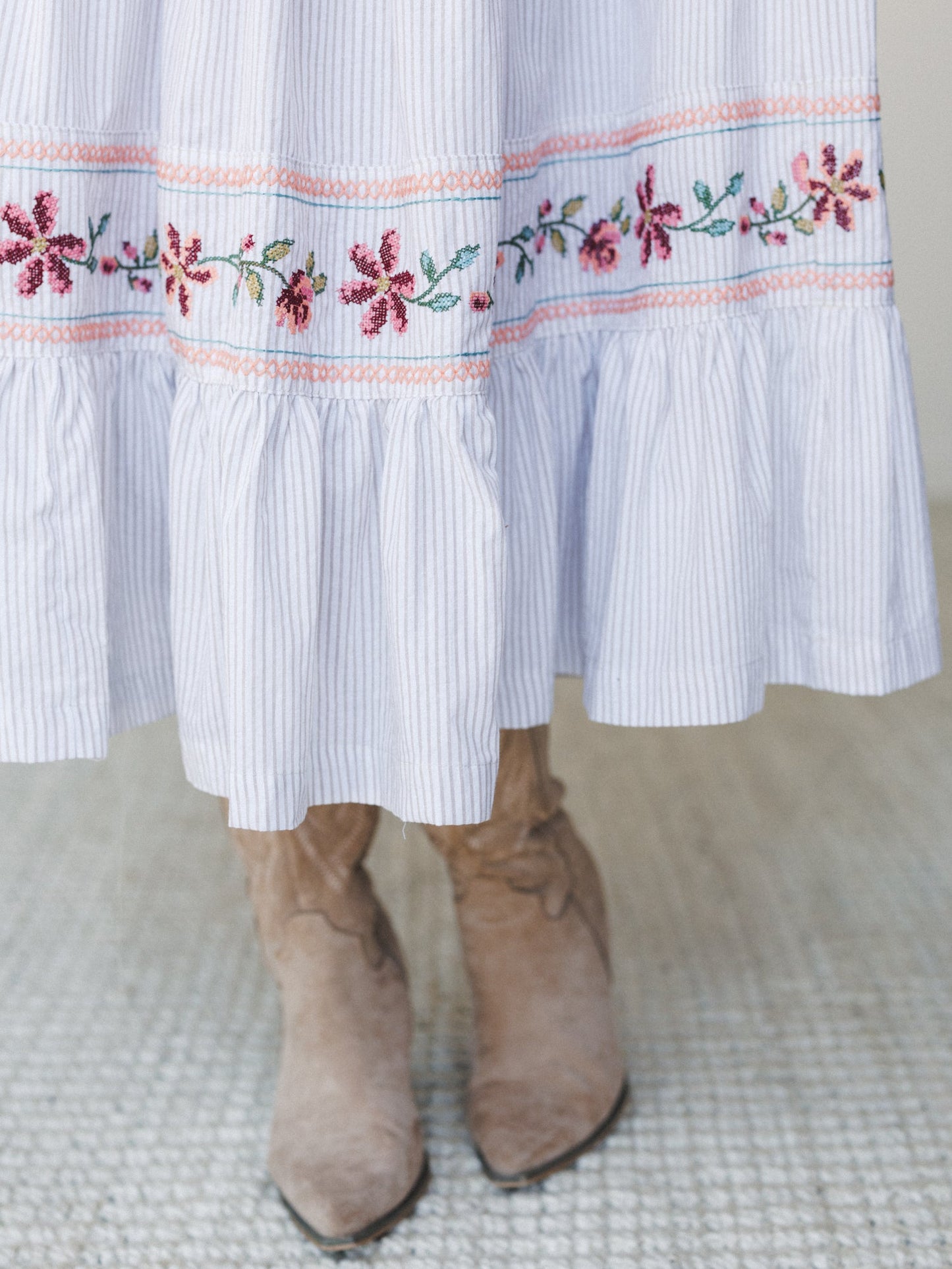 Garden Nomad Embroidered Dress - Off White Taupe