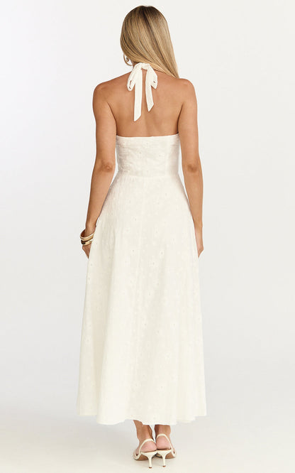 Lyra Midi Dress - Broderie Ruched Bust Halter Neck Dress in White